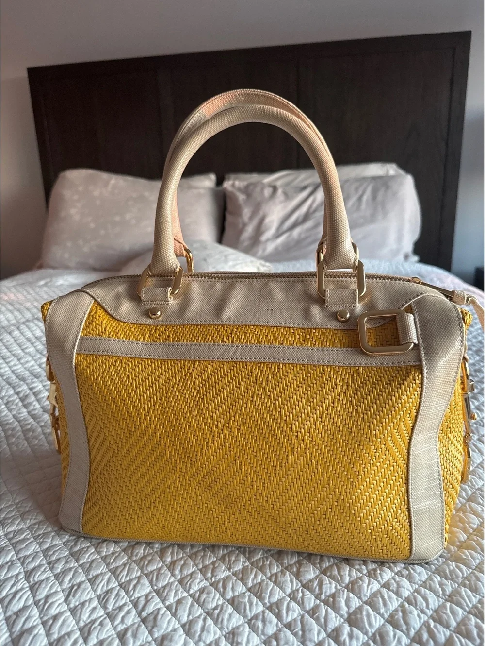 Rebecca Minkoff Yellow Woven Straw and Beige Leather Satchel Handbag
